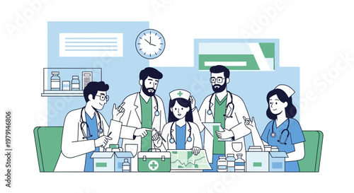 Medical Team Collaboration: Doctors and Nurses Discussing Patient Care in Modern Clinic