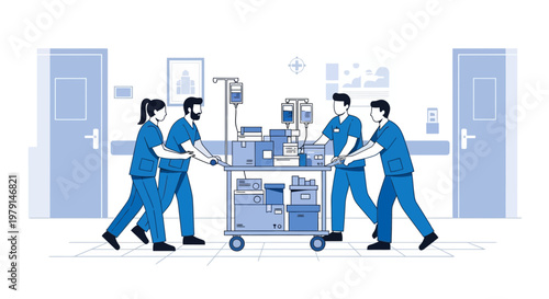 Medical Team Pushing Cart in Hospital Corridor