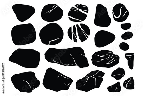 Stone and rock silhouettes set with different shapes and textures isolated.