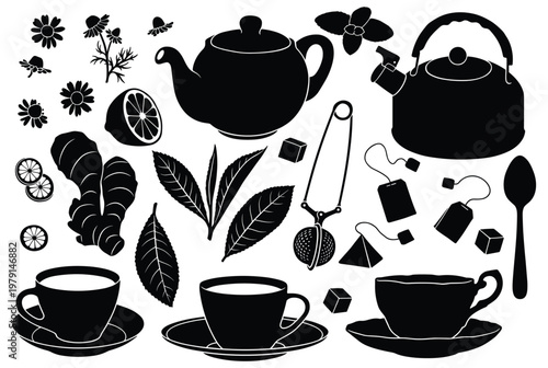 Tea time elements silhouette set with kettle cups and herbal ingredients.
