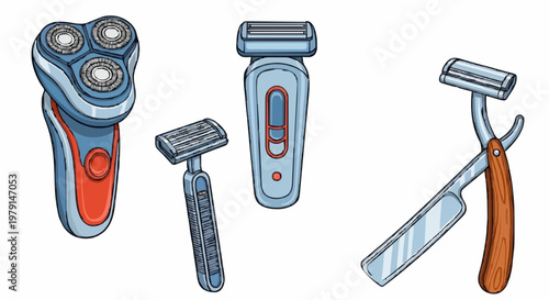 Set icons of shavers and shaving razors, cartoon vector illustration isolated.