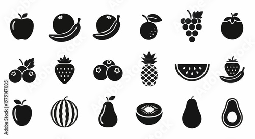 Vectors fruits sets , Fresh fruits icon set. black vector illustrations.