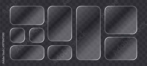 Set of frosted glass plates, transparent glass panels with rounded corners, realistic matte glass texture, ui design elements for web and mobile apps