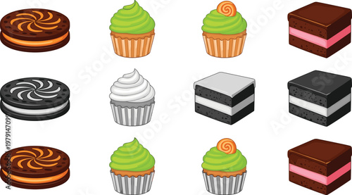 Dessert collection with cupcakes cookies and layered cakes chocolate and matcha sweets vector illustration set isolated on white background