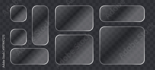 Set of glassmorphism frosted glass plates, transparent ui elements with rounded corners, realistic matte glass texture, vector design elements for web and app interface