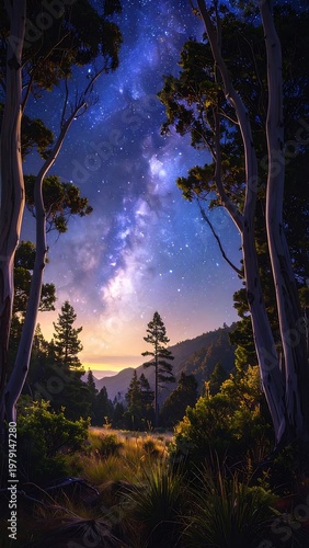 A serene forest landscape under a vibrant starry night sky