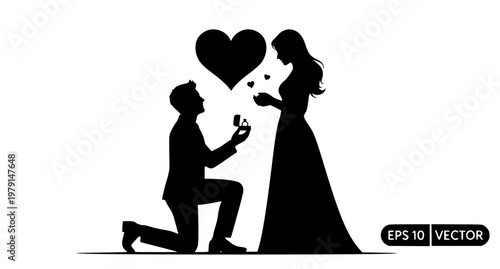 Romantic Marriage Proposal Silhouette Couple Vector Illustration