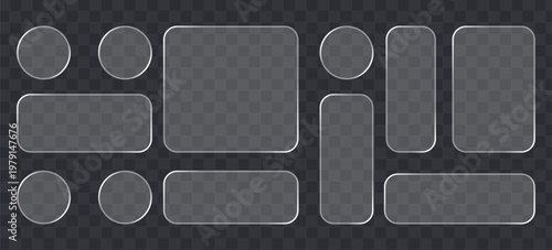 Set of glassmorphism style ui elements, frosted glass buttons and frames with rounded corners, transparent geometric shapes for web and app interface design