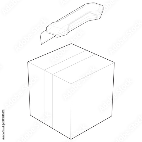 Isometric retractable utility knife and center seam sealed box set linear drawing