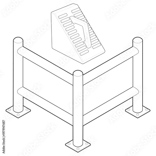 Isometric ribbed wheel chock and tubular corner guardrail set linear drawing