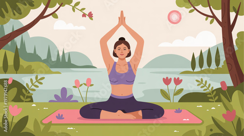 yoga, woman, outdoor, meditation, serene, nature, green, peaceful, vector illustration