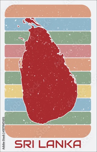 Sri Lanka vintage logo. Shape of the country on retro colored stripes background. Sri Lanka map design with grunge scratch texture. Vector illustration.