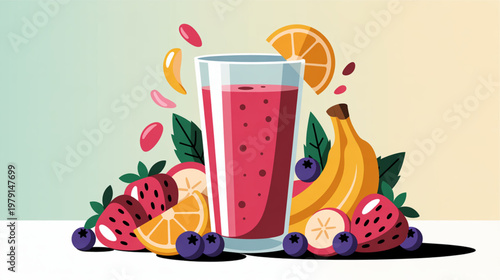 Fresh fruit smoothie, colorful illustration, healthy drink, vector graphics