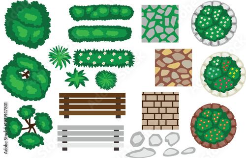 Graden Element Bench, footpath, tree and grass top view park plant above vector