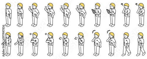 アイソメトリックイラスト：色々なポーズの男女看護師