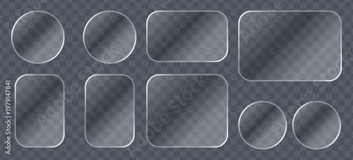 Set of glassmorphism style frames, frosted glass plates, transparent ui elements with rounded corners and circles, realistic glossy texture for design