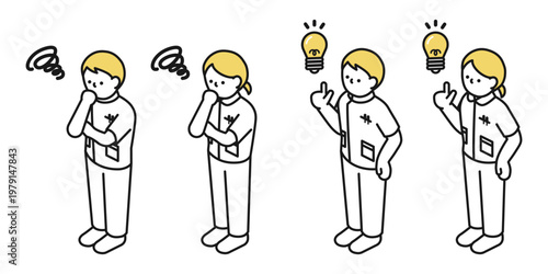 アイソメトリックイラスト:アイデアを思いつく男女 考える男女(看護師)