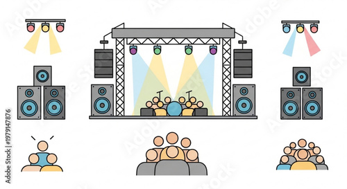 Concert stage with band performing and audience watching colorful spotlights shining down sound system and speakers