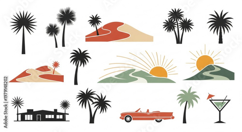 Vintage mid century modern tropical travel icons with palm trees desert hills sunsets and retro cars on white background