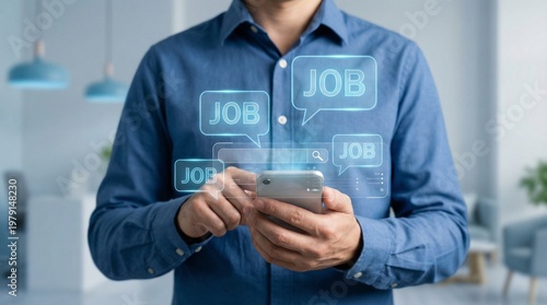Quadro em tela A professional man in a modern workspace browsing job listings on his smartphone