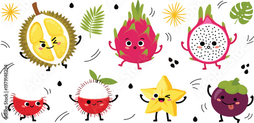 Cute tropical fruit characters set featuring durian dragon fruit rambutan starfruit and mangosteen with funny faces in kawaii style for exotic food mascot vector illustration.