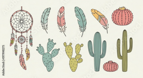 Vibrant desert dreamcatcher with feathers cacti and pumpkins on cream background bohemian style illustration