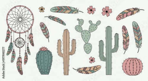 Vibrant desert dreamcatcher with cacti feathers and flowers on white background bohemian decor