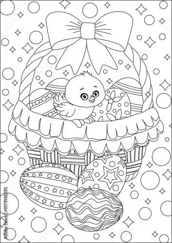 Holiday Easter Basket Coloring Pages for Kids Egg with Chick Cartoon Vector