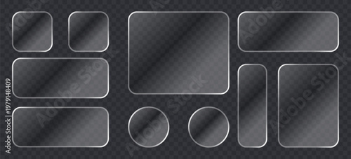 Set of glassmorphism style buttons and banners, transparent frosted glass ui elements with soft edges and metallic borders, vector design collection