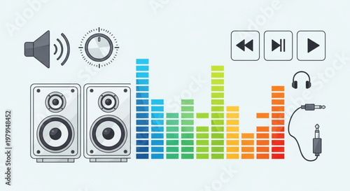 Sound wave equalizer with speaker headphones and audio control icons on a light blue background