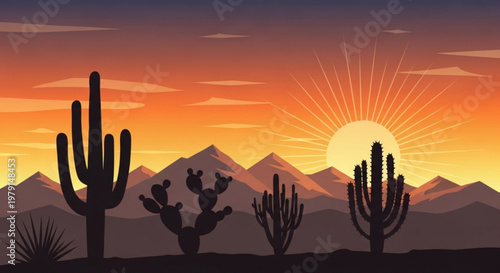 Desert landscape with cacti silhouettes at vibrant sunset over mountains