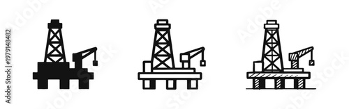 Offshore Oil Rig Platform Icon Set - Energy Production and Drilling Industry Symbol