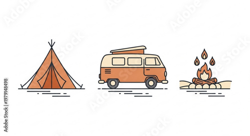 Camping icons set with tent van and campfire for outdoor adventure travel
