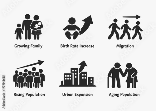 A set of Population Growth icons focuses on simplicity, elegance, and ease of recognition. Vector Sign for Logos, Labels, and Icons.