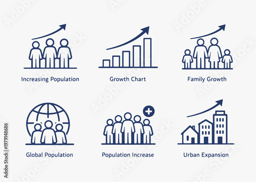 A set of Population Growth icons focuses on simplicity, elegance, and ease of recognition. Vector Sign for Logos, Labels, and Icons.