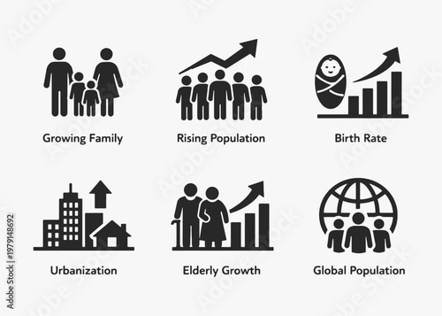 A set of Population Growth icons focuses on simplicity, elegance, and ease of recognition. Vector Sign for Logos, Labels, and Icons.