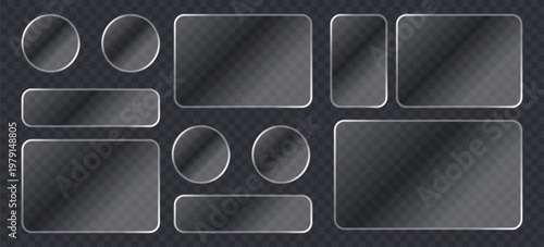 Set of glassmorphism style buttons and frames, frosted glass ui elements with soft shadows and rounded corners, transparent vector design collection