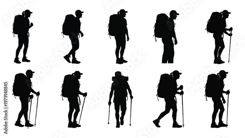 A collection of silhouettes depicting hikers in various poses traversing mountainous terrain with backpacks and walking sticks high quality professional detailed