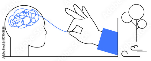 Mental health, cognitive therapy, problem-solving, mindfulness, personal growth, meditation. A hand untangling a thread from a human head with calming trees. Mental health and cognitive therapy