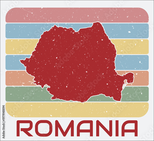 Romania vintage logo. Shape of the country on retro colored stripes background. Romania map design with grunge scratch texture. Vector illustration.
