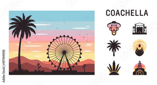 Coachella music festival scene with ferris wheel and palm trees at sunset vector graphics
