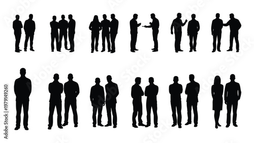 A collection of black silhouette figures depicting groups and pairs of people standing and interacting high quality professional detailed modern elegant