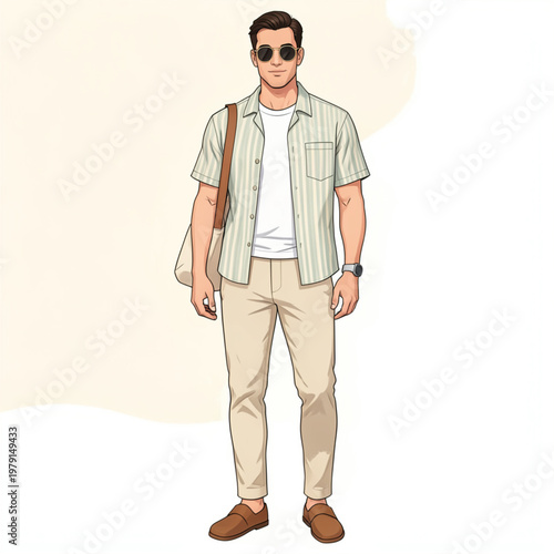 Man Summer Linen Outfit Beach to Bar Style Fashion Editorial Flat Vector