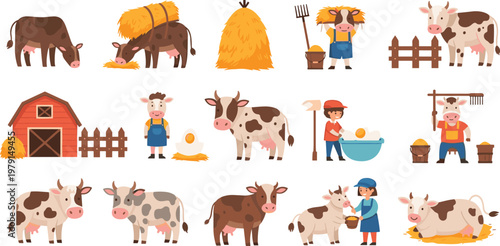 Set of Dairy Farm Illustrations Featuring Cows, Farmers, Barn, Hay, Milking Process, and Rural Agriculture Activities