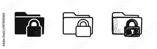 Secure Folder and Padlock Icons Set: Solid, Outline and Hand-drawn Styles. Data Security and Confidentiality