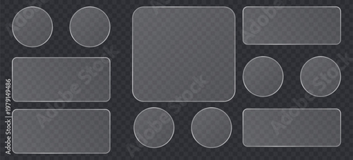 Set of glassmorphism frosted glass shapes, transparent ui elements, rounded rectangles and circles with blur effect, vector design elements