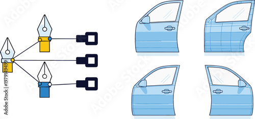 Automotive and Tool Icon Set Featuring Car Doors Different Angles and Glass Cutter Tools for Repair Service and Vehicle Design