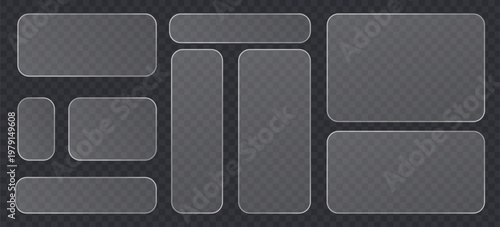 Set of frosted glass plates, semitransparent matte acrylic panels with rounded corners, realistic ui elements for web design, glassmorphism style