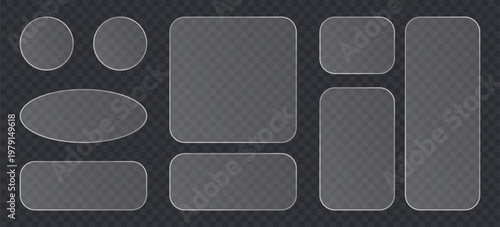 Set of glassmorphism style ui elements, frosted glass shapes, transparent buttons and frames with rounded corners, vector design elements for web and app interface