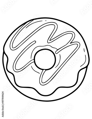 Outline drawing of a frosted donut with icing drizzle ready for coloring coffee break line art black and white coloring page food illustration sweet food snack food unhealthy